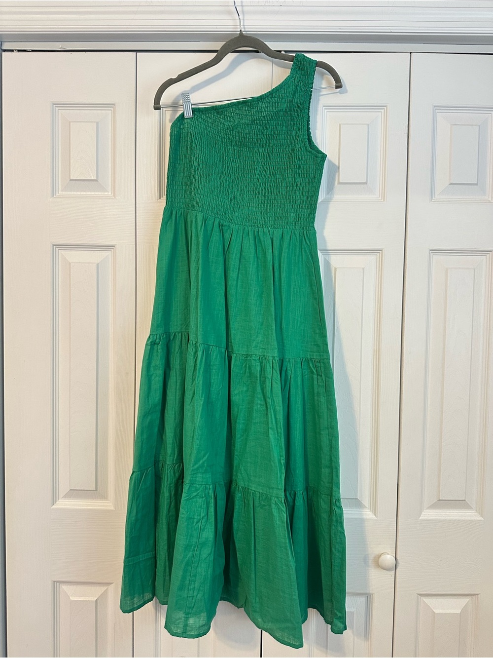 One-Shoulder Emerald Green Tiered Maxi Dress, Medium